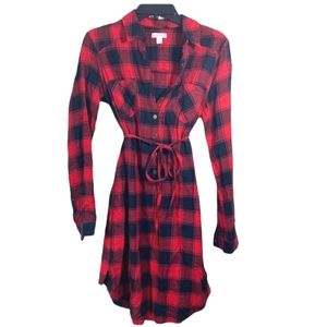 ❤6 for $12 Long Sleeve Red Black Buffalo Plaid Flannel Shirt Dress Button Down
